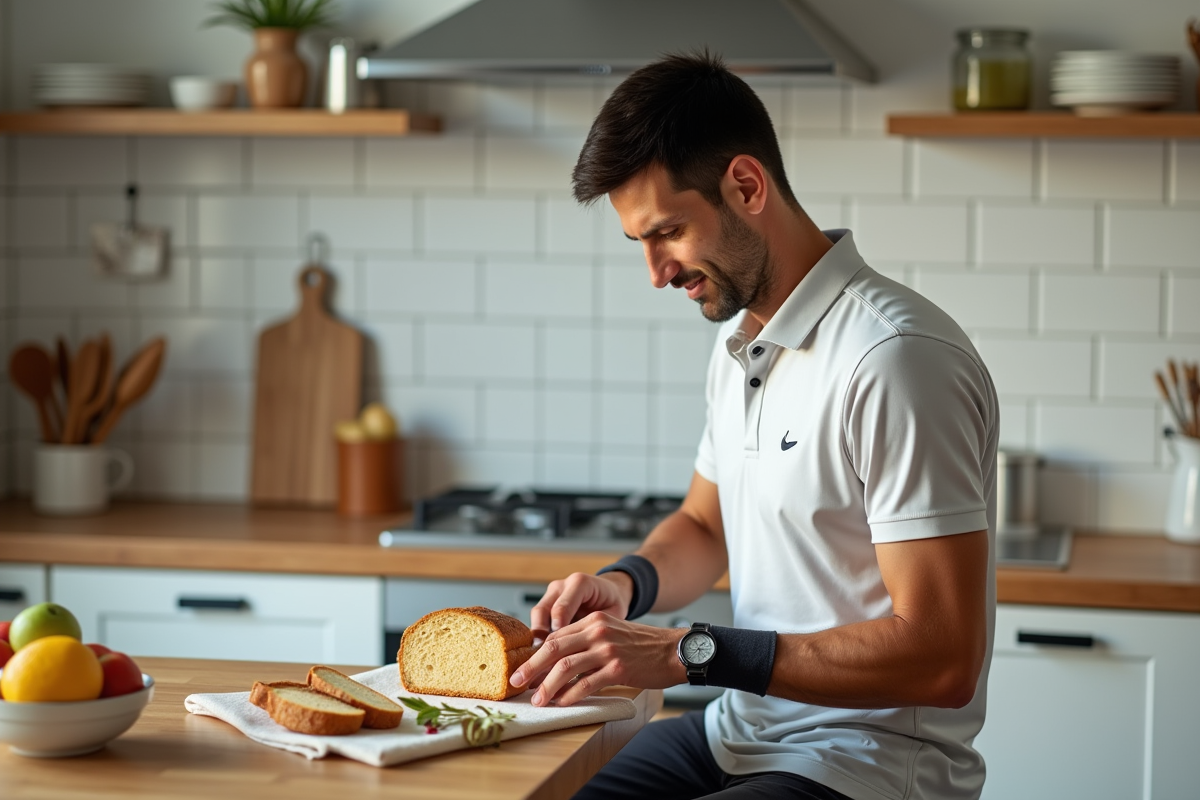 Novak Djokovic coupe un pain sans gluten dans une cuisine lumineuse