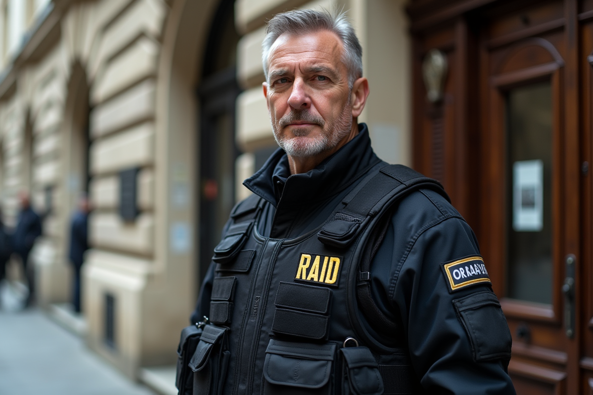 Officier RAID en uniforme tactique devant bâtiment