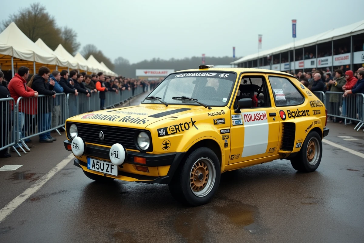 Voiture de rallye historique Group B dans le paddock d'un rallye VHC avec spectateurs et banderoles vintage