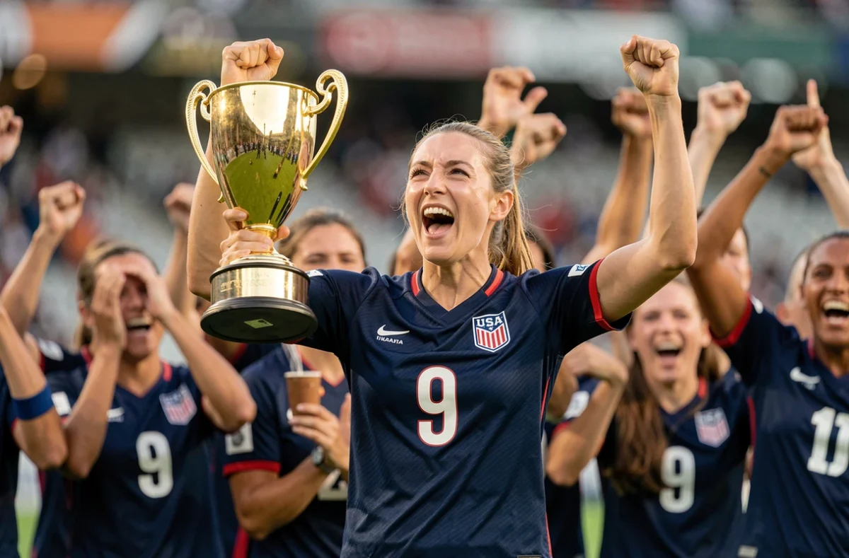 Joueuse de soccer américaine célébrant une victoire en tenant un trophée doré, représentant le palmarès de Mia Hamm avec l'équipe nationale des États-Unis