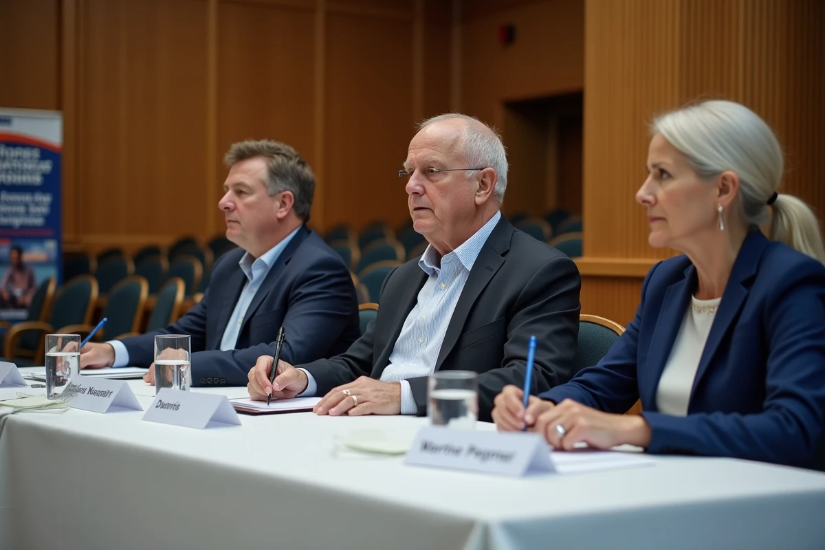 Panel d'élus et de décideurs publics lors d'une consultation officielle sur les County Sports Partnerships dans une salle civique britannique