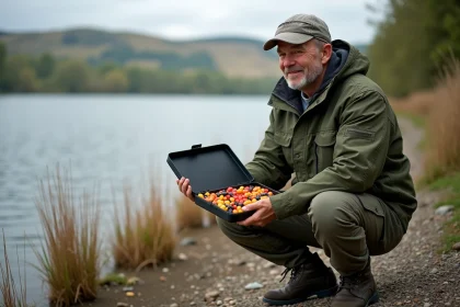 Pêcheur homme avec boîte à appâts au bord du lac