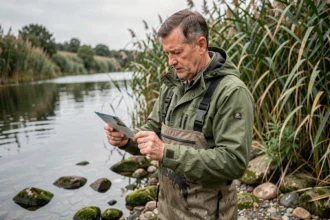 Pêcheur tenant sa carte de pêche au bord d'une rivière française en 2026