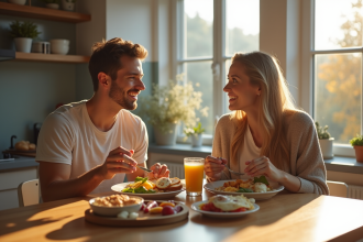 Jeune couple prenant un petit déjeuner équilibré ensoleillé
