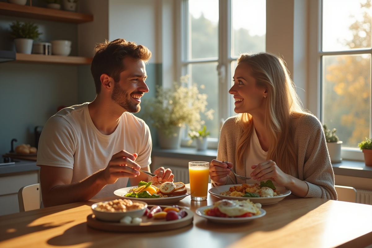 Jeune couple prenant un petit déjeuner équilibré ensoleillé