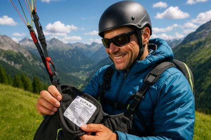 Pilote de parapente souriant vérifiant une selle Supair avec paysage montagneux