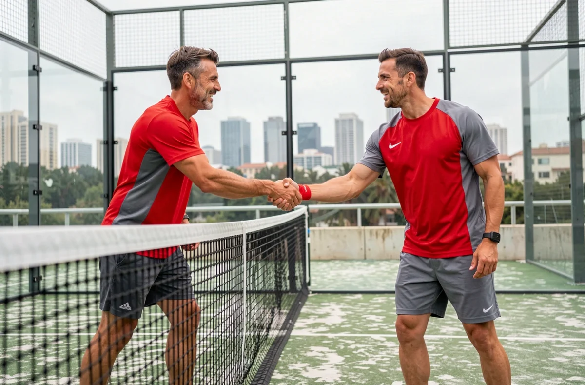 Deux joueurs de padel qui se serrent la main après un match officiel, symbolisant la fin d'une rencontre comptant pour les points de classement P250 en padel 2026