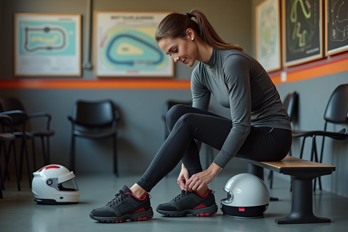 Femme se préparant pour un stage de pilotage dans une salle de briefing, enfilant ses chaussures de conduite avec casque et dispositif HANS posés à côté