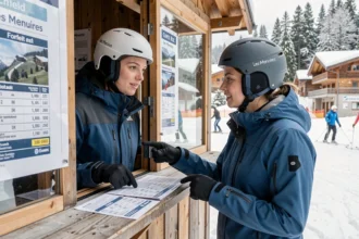 Couple de skieurs consultant les prix des forfaits au guichet des Menuires en 2026