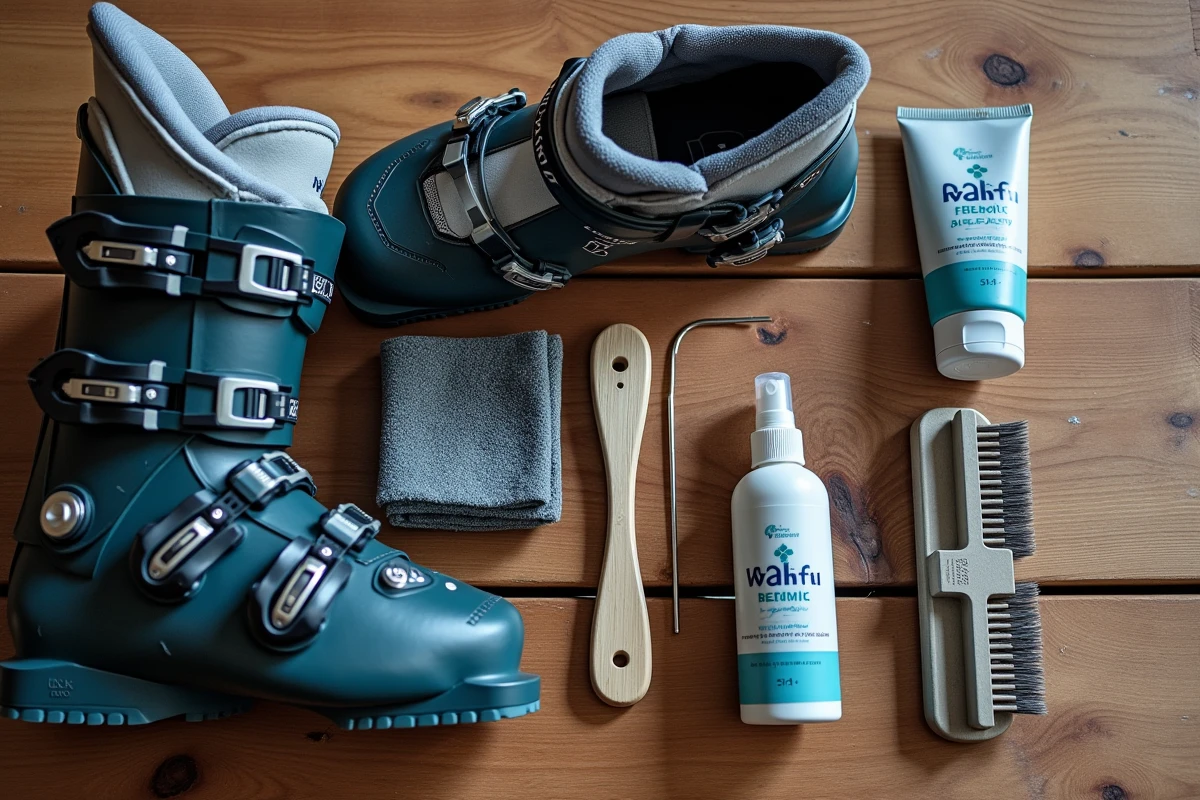 Vue à plat des accessoires et produits nécessaires à l'entretien d'une chaussure de ski femme sur une table en bois