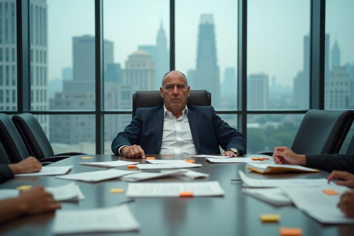 Promoteur WWE en blazer marine assis à une table de conférence couverte de documents abandonnés dans un bureau vitré