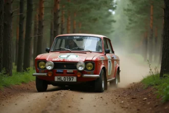 Voiture de rallye historique années 70 sur une route forestière en gravier lors d'un rallye VHC 2026
