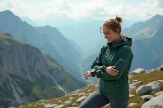 Randonneuse vérifiant sa montre GPS sur une crête rocheuse en montagne avec panorama alpin en arrière-plan
