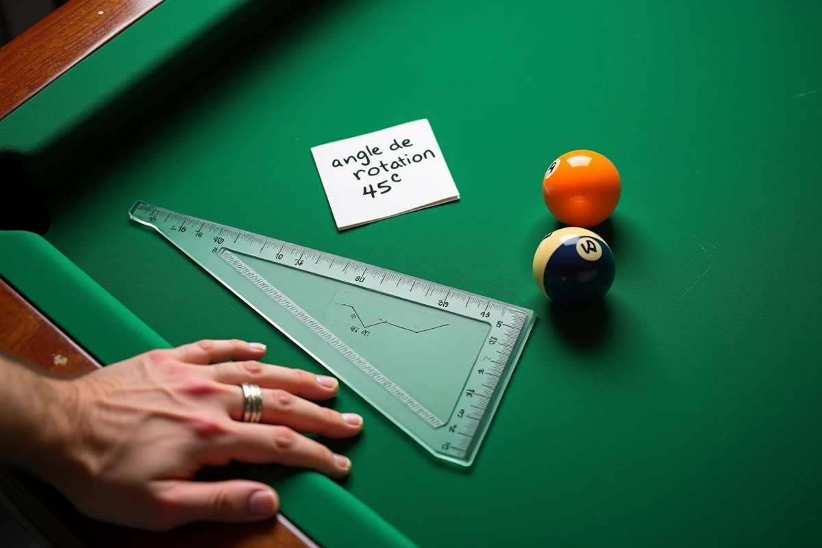 Vue plongeante d'un rapporteur sur table de billard mesurant l'angle de rotation des billes avec annotations manuscrites