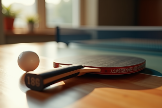 Zoom sur une raquette de pingpong professionnelle sur une table en bois