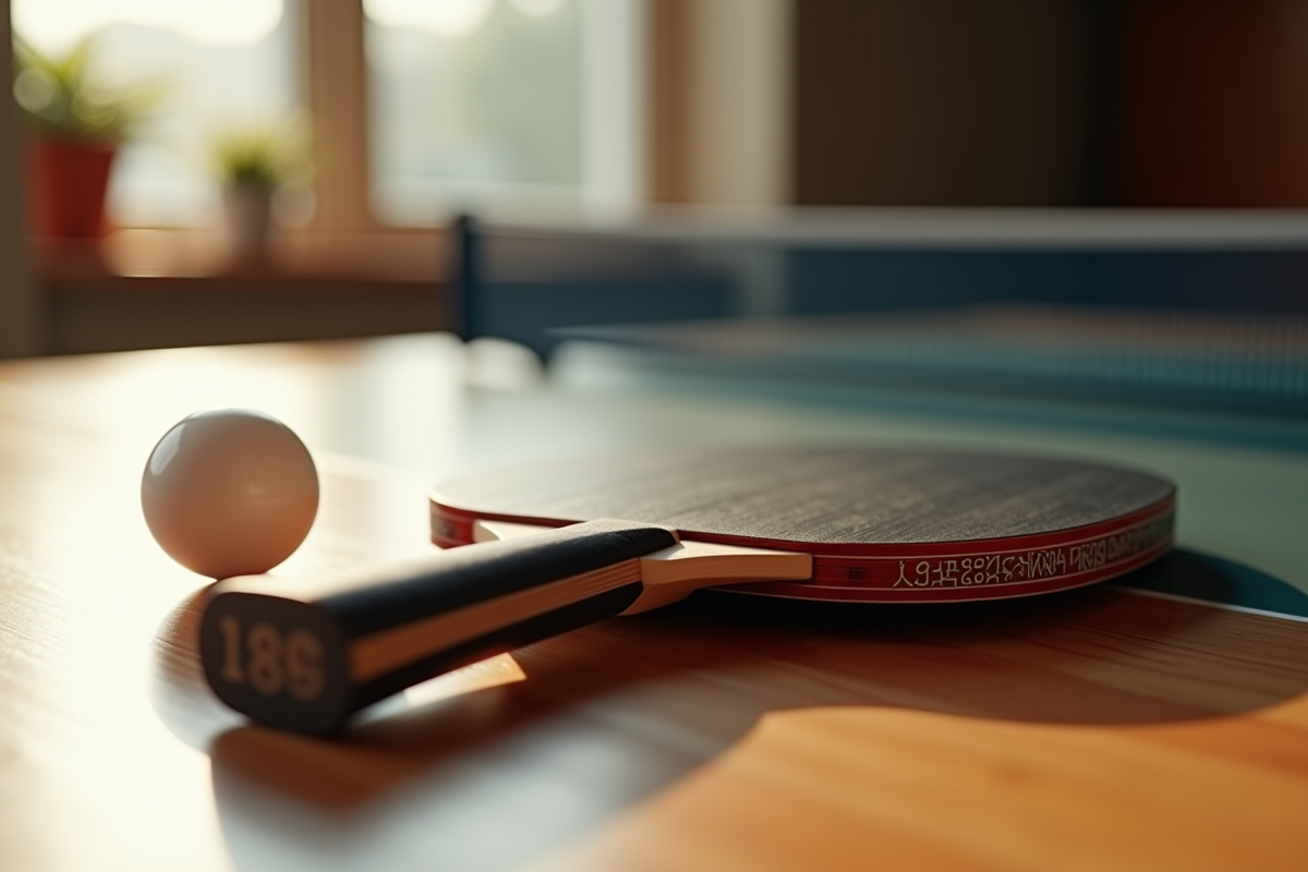 Zoom sur une raquette de pingpong professionnelle sur une table en bois