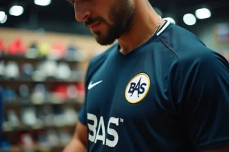 Athlète inspectant le logo brodé sur un équipement authentique Beat All Sports en magasin de sport