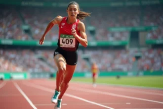 Sprinteuse en plein effort sur une piste d'athlétisme lors d'une compétition internationale, illustrant un record du monde du 100m féminin
