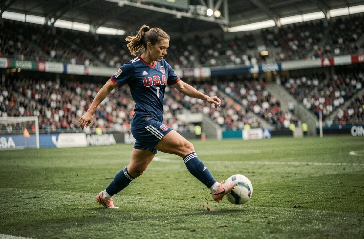 Joueuse de soccer américaine frappant un ballon lors d'un match international en stade, illustrant les records internationaux de Mia Hamm