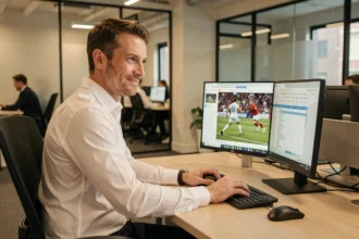 Homme en bureau regardant discrètement un match de foot sur son ordinateur au travail