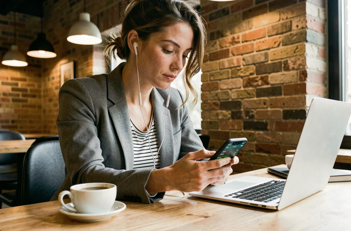 Femme regardant un match de foot sur smartphone dans un espace de coworking