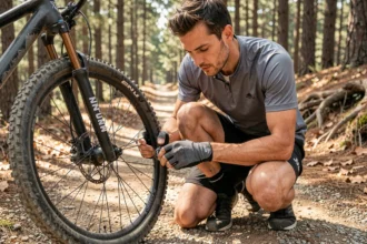 Cycliste réglant le rebond d'une fourche Manitou Comp sur un sentier forestier