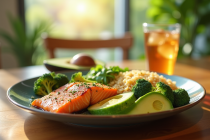 Repas sain et coloré après l'entraînement avec saumon quinoa et brocoli