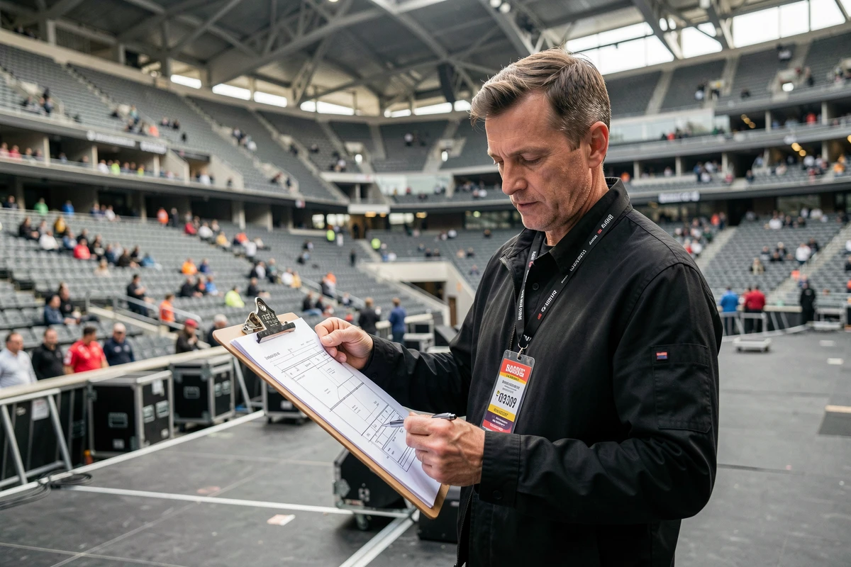 Responsable de production consultant un plan de capacité en coulisses d'un grand stade de concert