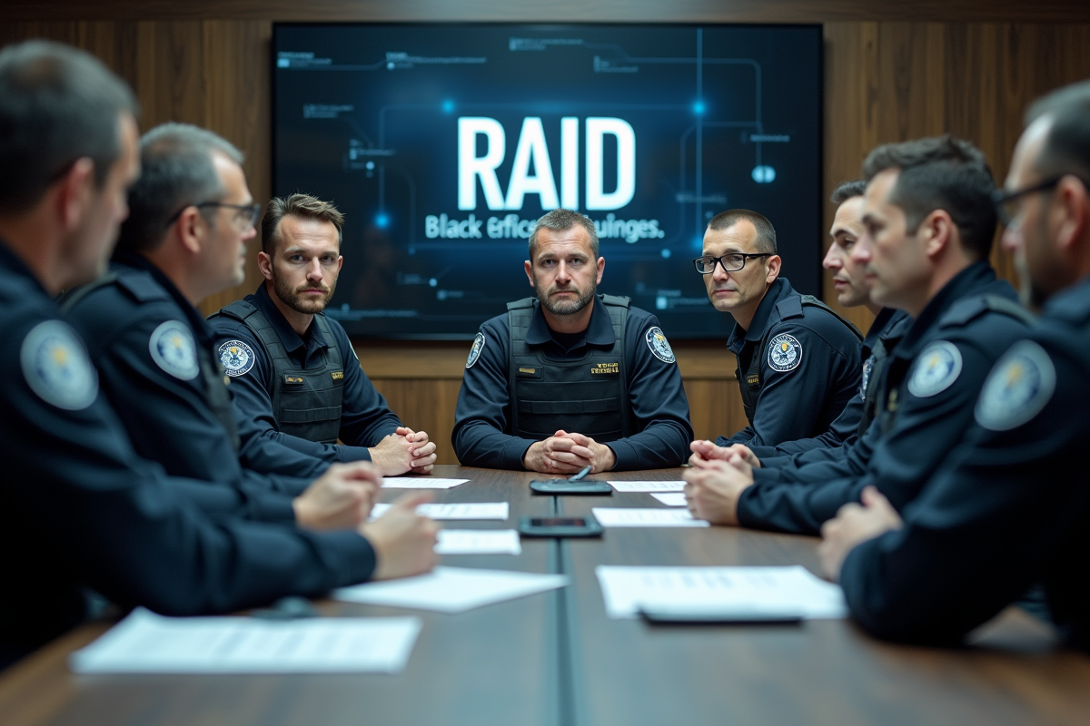 Groupe RAID en réunion tactique en intérieur