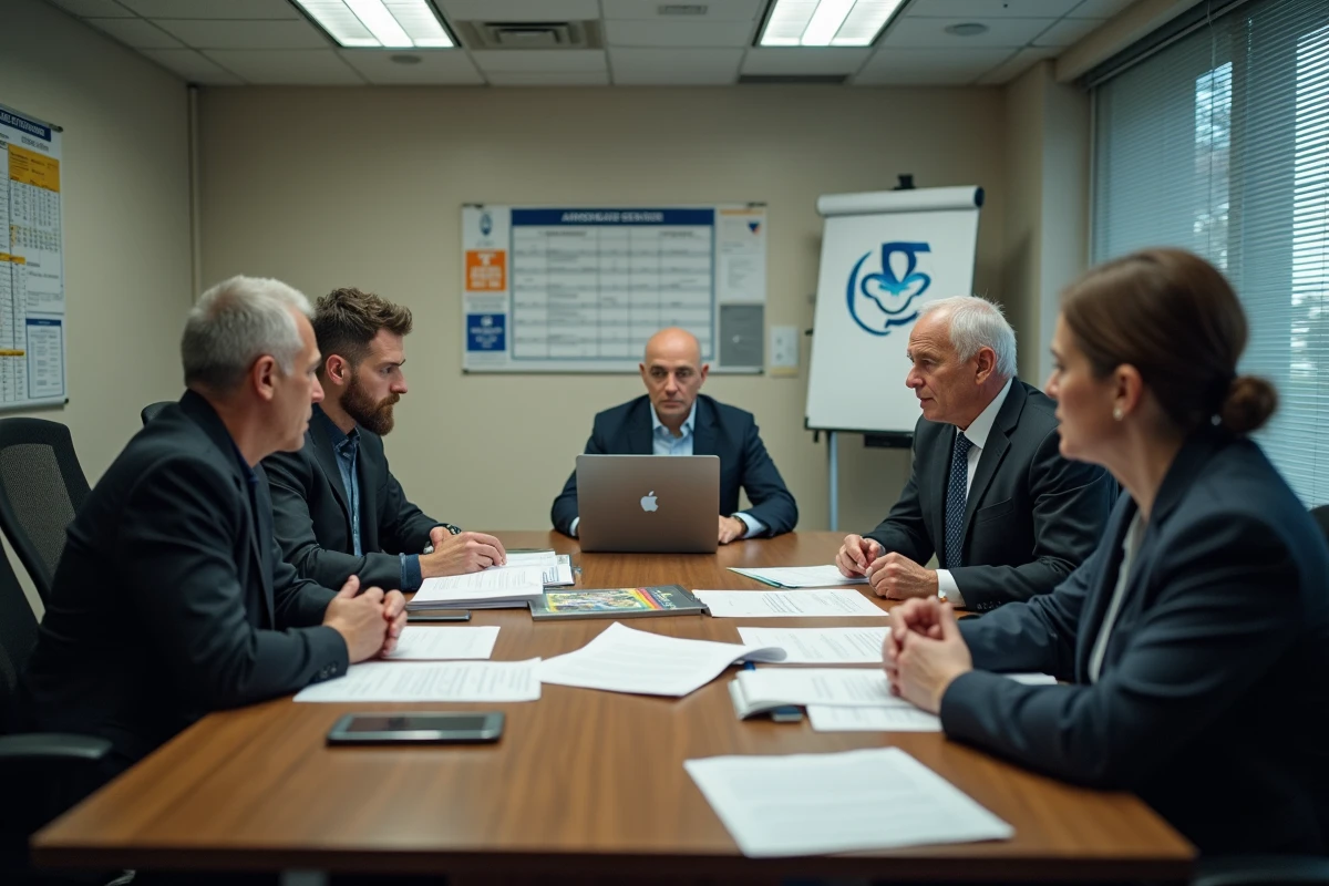 Réunion du comité de discipline du football Drôme Ardèche avec des membres examinant des documents officiels et des règlements sportifs