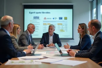 Élus locaux et décideurs publics réunis en réunion autour d'une table de conférence pour discuter des County Sports Partnerships en Angleterre