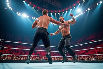 Ring de WWE avec deux lutteurs en plein saut spectaculaire