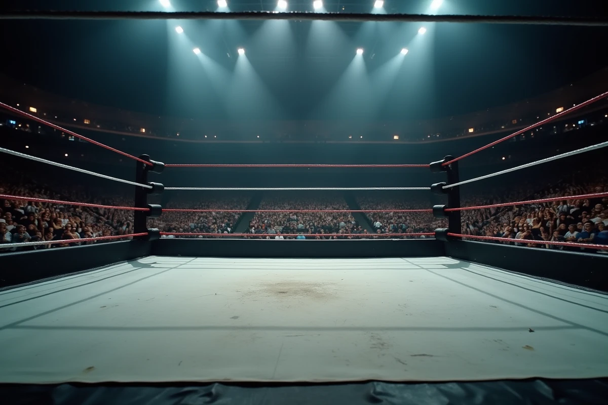 Ring de catch WWE vide dans une arène déserte aux gradins inoccupés, atmosphère mélancolique de projets annulés