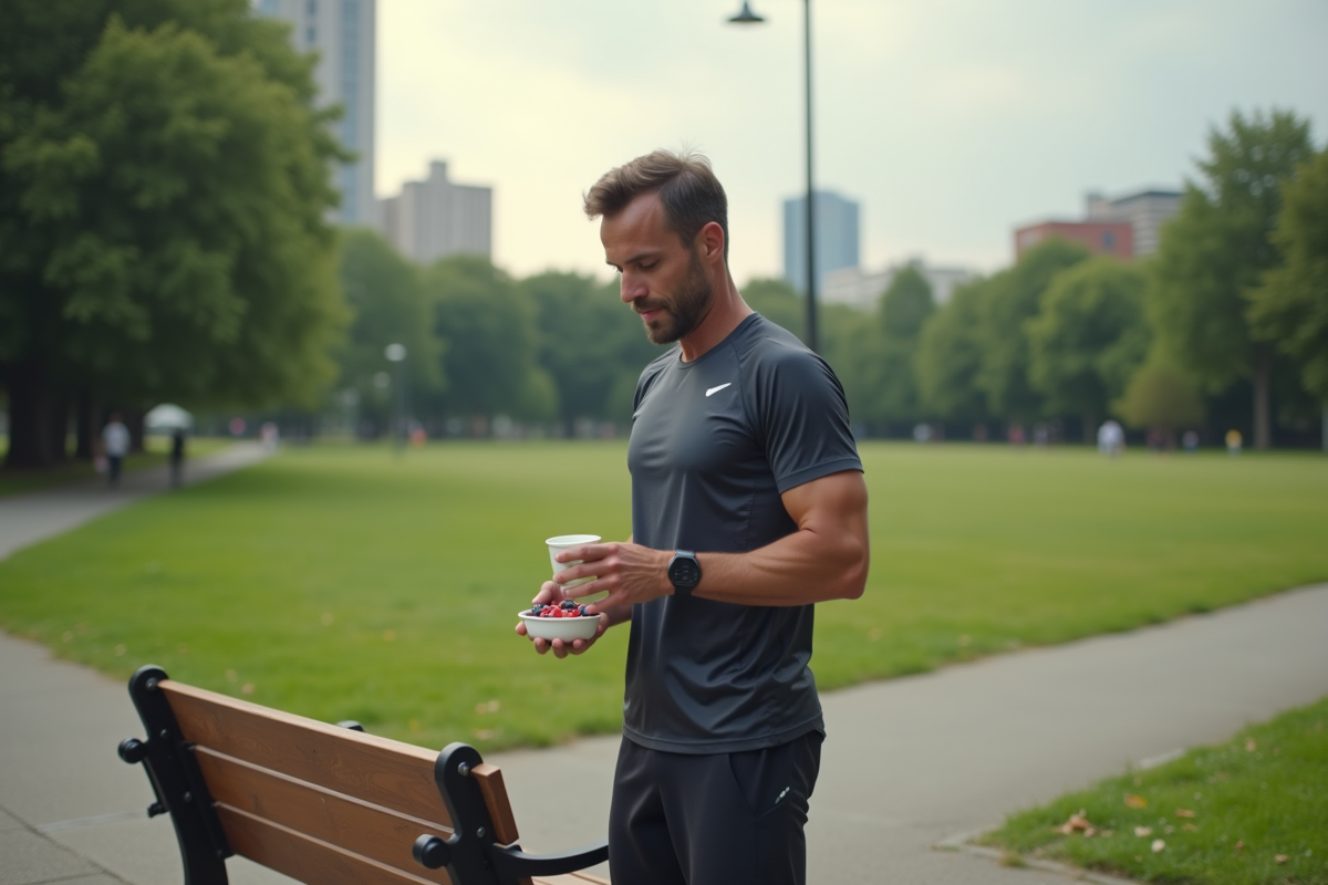 Homme courant dégustant un yogourt aux fruits dans un parc