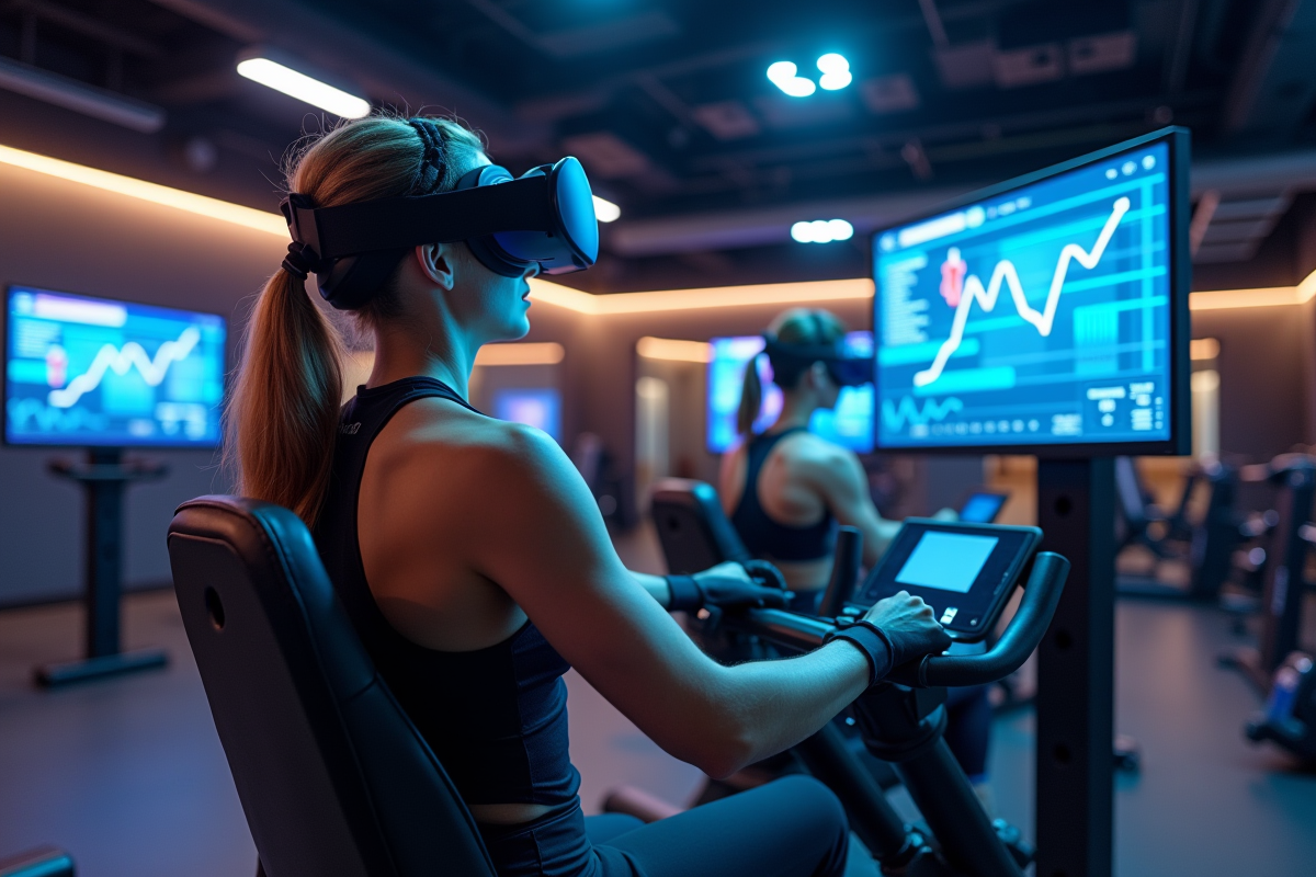 Salle de sport moderne avec athlètes utilisant la réalité virtuelle