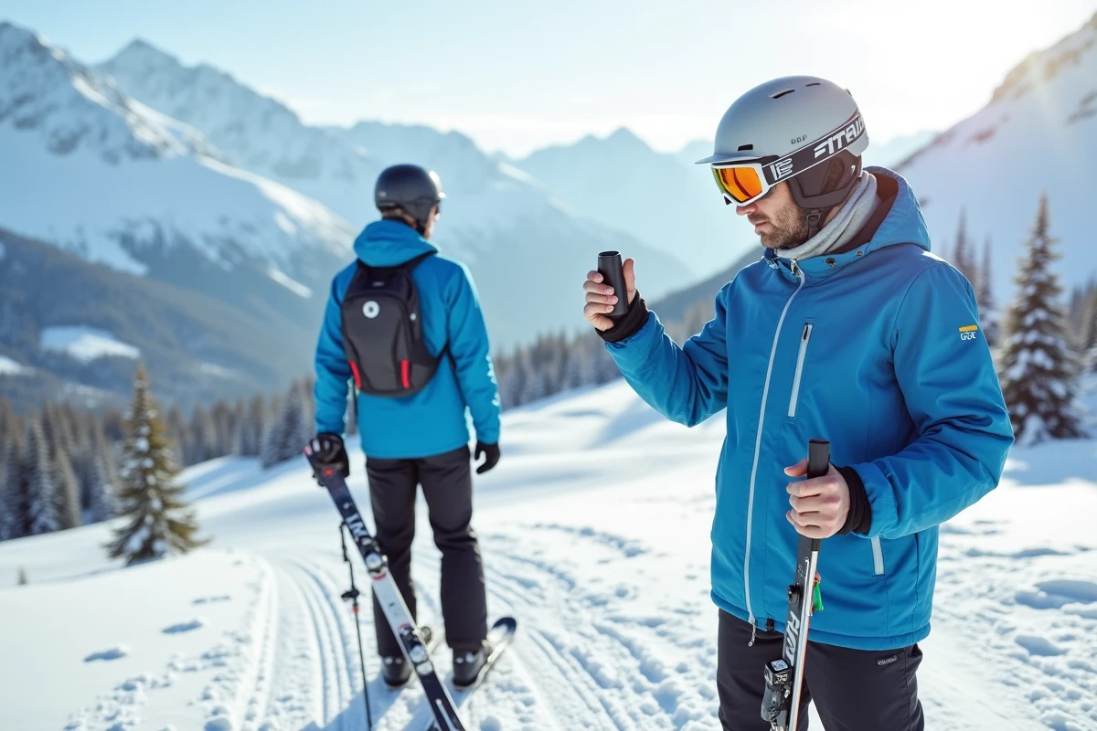 Skieur homme vérifiant un transceiver en montagne enneigée