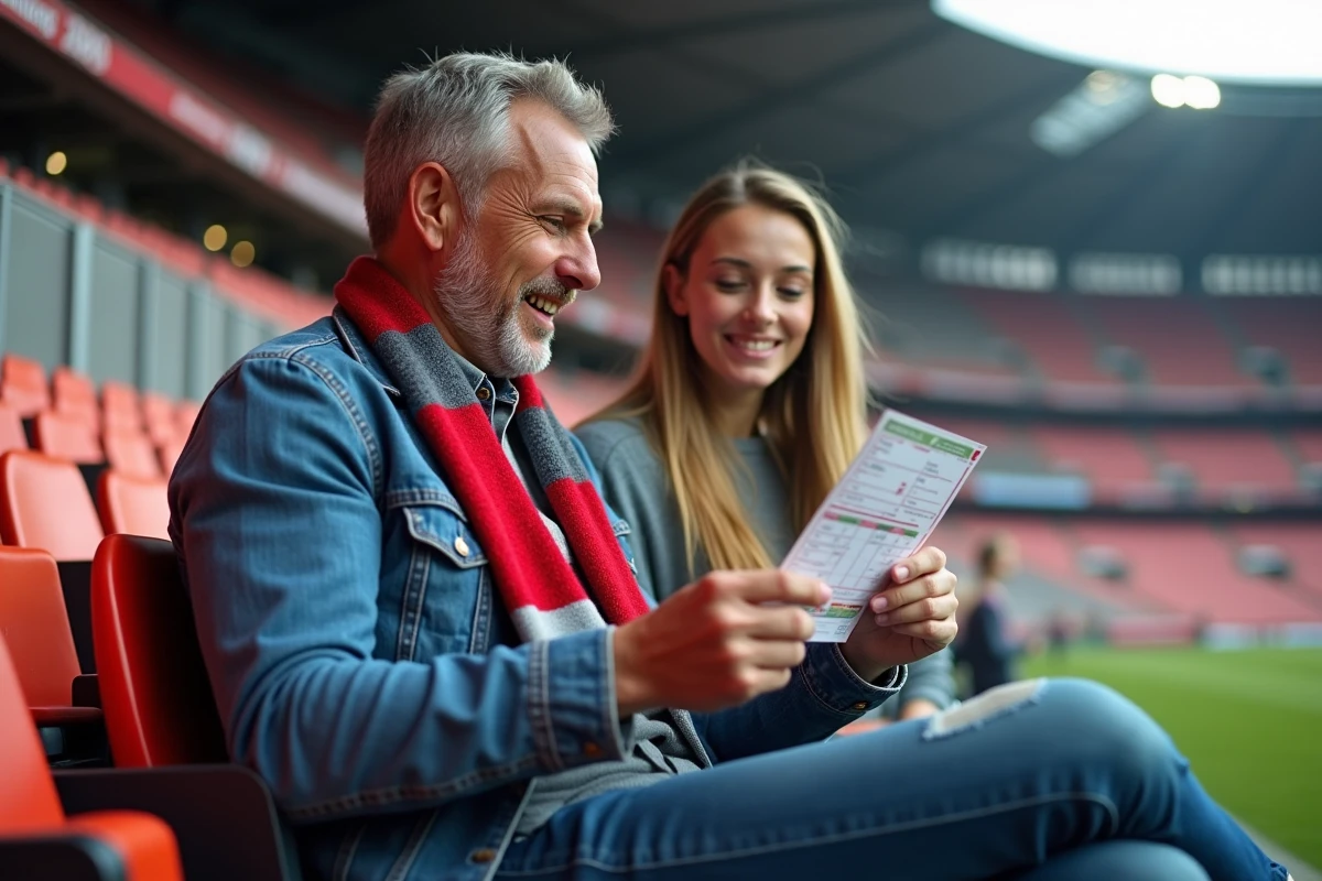 Homme et fille au stade regardant leur billet