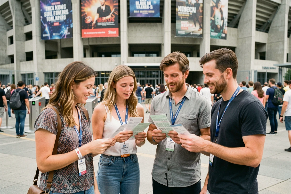 Groupe de spectateurs français consultant leurs billets devant l'entrée d'un stade avant un concert