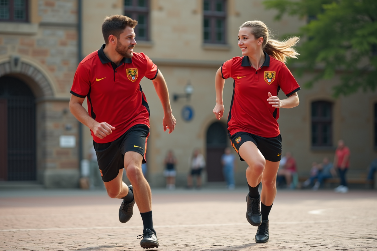 Jeune couple belge en uniforme sportif sur court ancien
