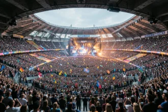Vue aérienne d'un stade plein à craquer lors d'un concert avec scène principale et fosse bondée