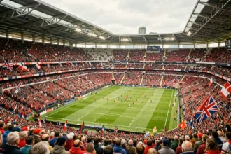 Vue panoramique d'un stade de rugby bondé lors d'un match du Tournoi des 6 Nations avec drapeaux et écharpes des supporters