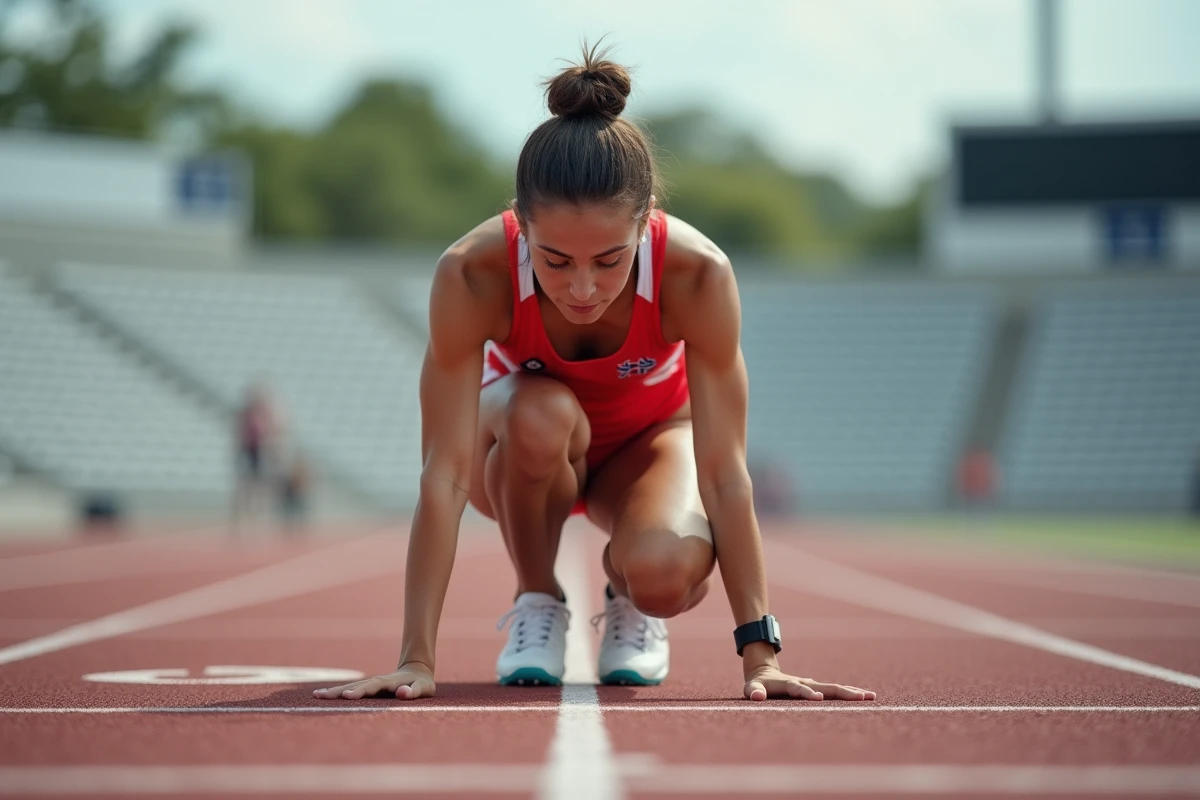 Sprinteuse en position de départ dans les starting-blocks, concentrée avant un 100m féminin historique en compétition officielle