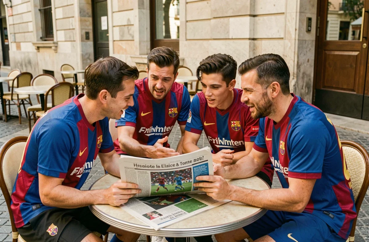 Supporters du FC Barcelone discutant d'une analyse de match autour d'un journal sportif en terrasse