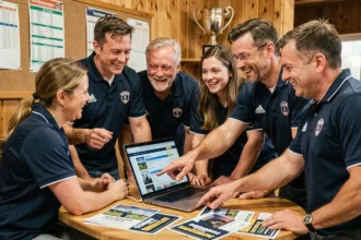 Groupe de supporters d'un club de rugby consultant la billetterie FFR 6 Nations 2026 lors d'une réunion de club