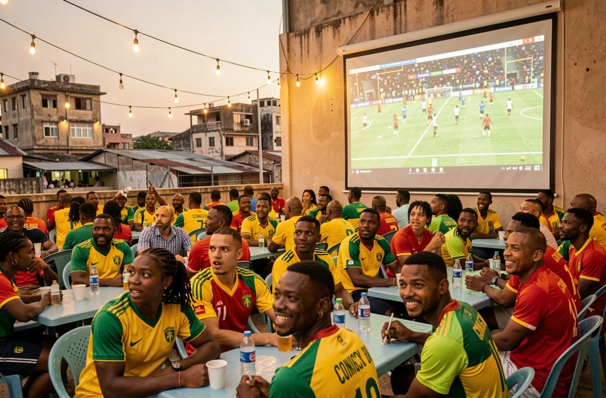 Foule de supporters congolais regardant un match de la RD Congo en direct sur écran géant dans un bar sportif en plein air