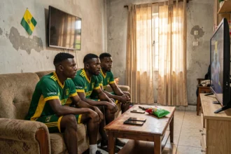 Supporters de la RD Congo regardant un match de football en direct sur la télévision dans un salon familial
