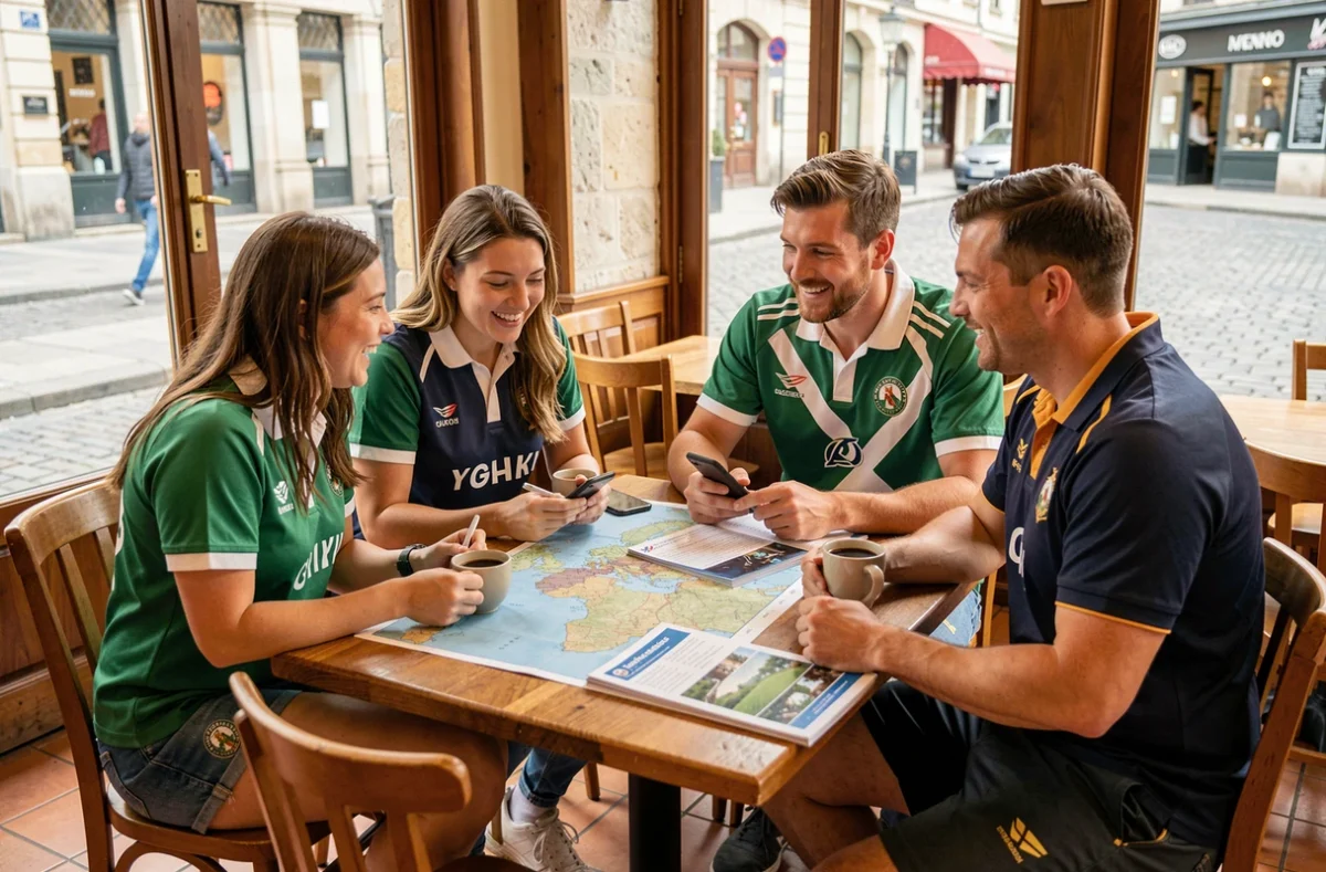 Groupe de supporters du Tournoi des 6 Nations planifiant leurs déplacements autour d'une carte et d'un programme dans un café