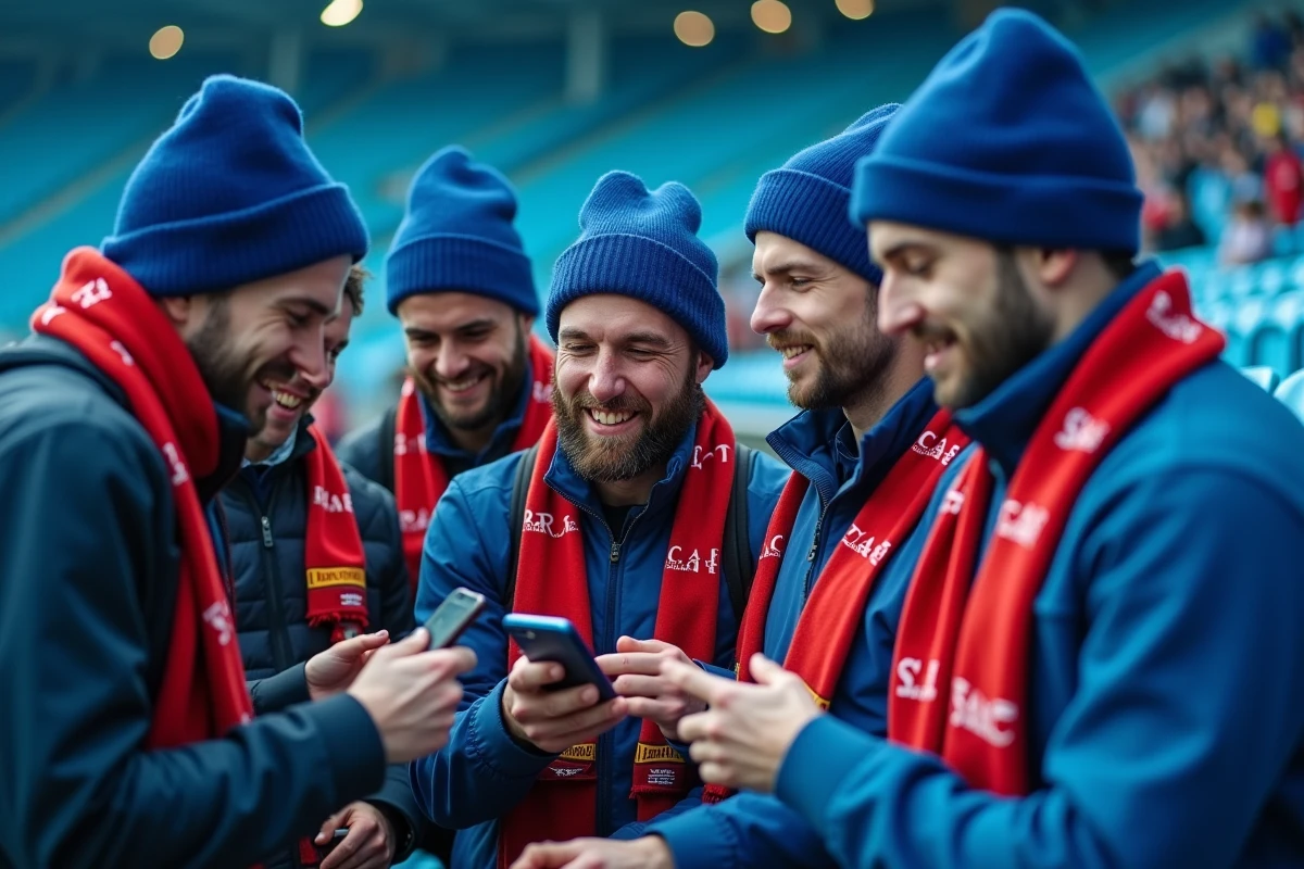 Supporters du Racing Club de Strasbourg dans les tribunes consultant le classement de Ligue 1 sur smartphone en 2026
