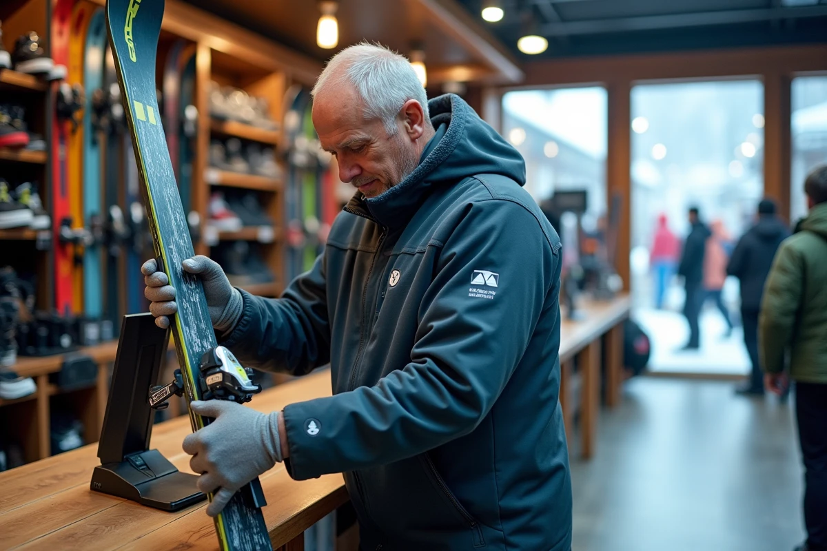 Technicien de location en station réglant les fixations d'un ski alpin en magasin