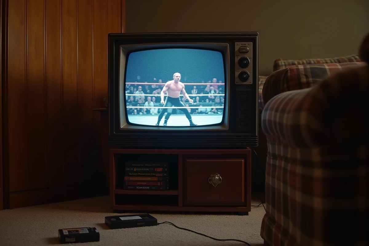 Téléviseur cathodique des années 90 diffusant une émission de catch dans un salon vintage, ambiance nostalgie WCW Goldberg